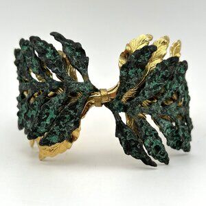 Vintage Greek Leaf Cuff Bracelet Panagopoulos Dina Runway Signed Gold Tone Green